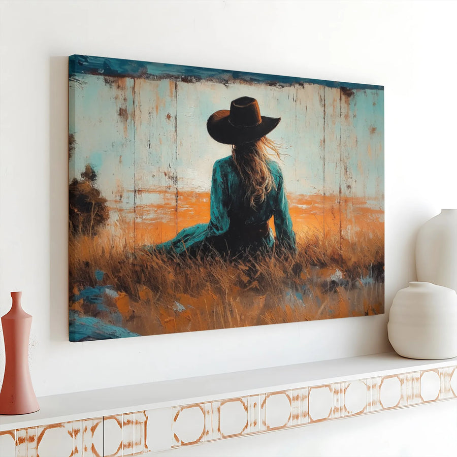 Western Cowgirl Canvas Print | Textured Impressionist Painting | Premium Gallery Wrap Canvas | Boho Farmhouse Living Room Decor Gift