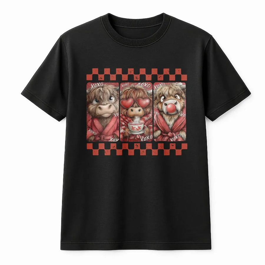 Valentine Highland Cow T-Shirt | Cute Western Hearts Graphic Tee | 100% Cotton Premium Quality | Romantic Valentine's Day Gift for Her