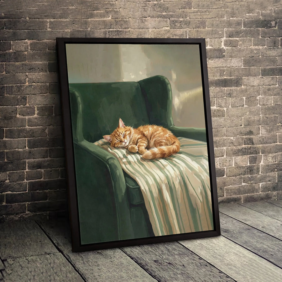 Sleeping Orange Tabby Cat Canvas | Cozy Green Armchair Painting | Premium Fade-Resistant Wall Art | Cute Animal Home Decor Gift
