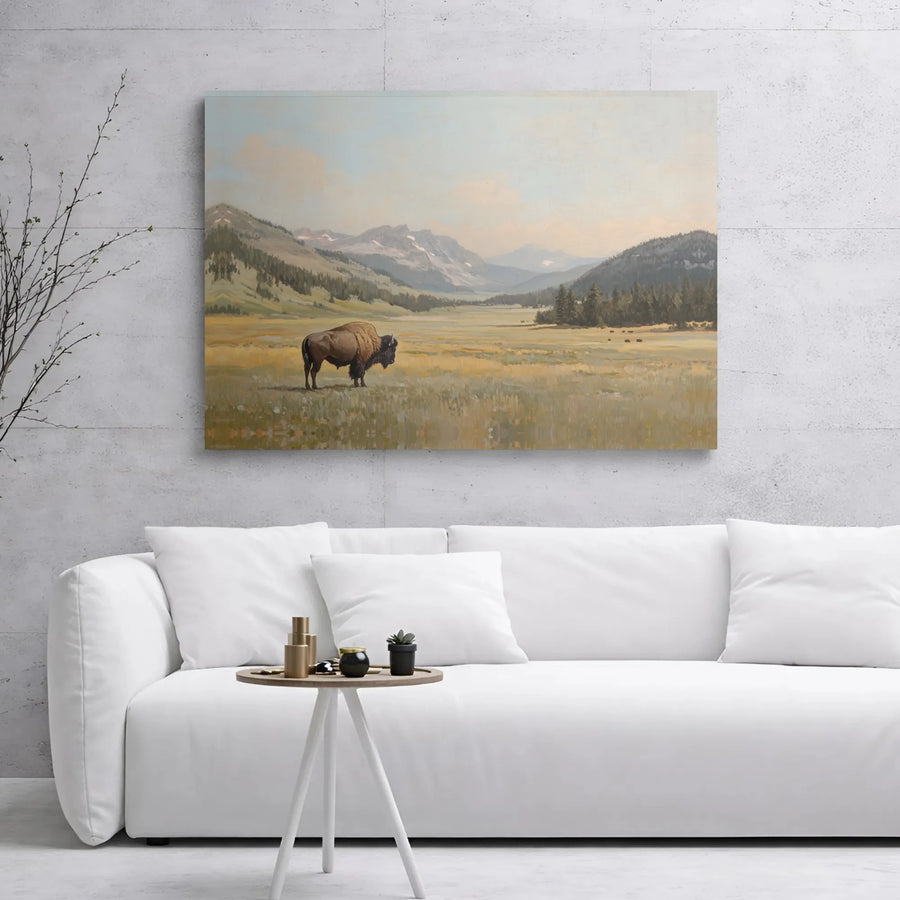 American Bison Canvas Art | Western Mountain Valley Landscape | Premium Gallery Wrapped Print | Rustic Nature Wall Decor for Home and Office