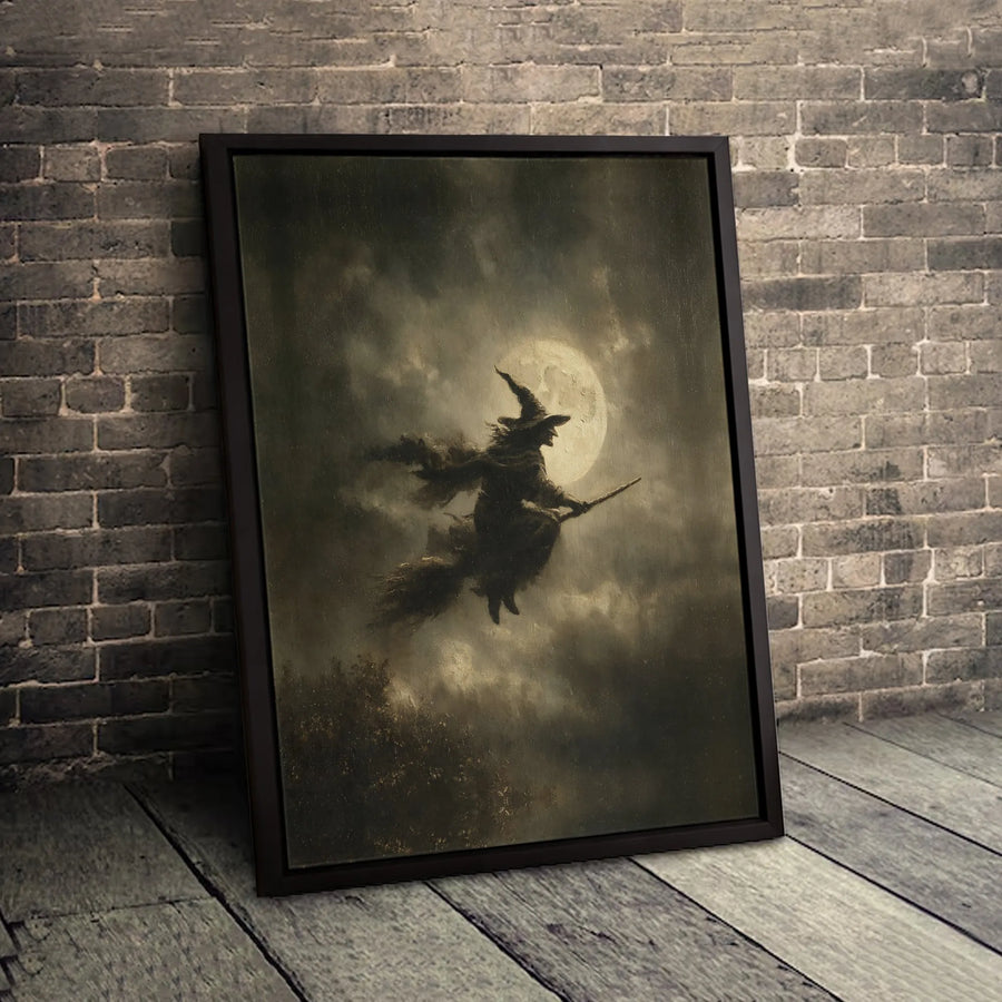 Witch Flying Wall Art | Gothic Full Moon Silhouette Print | Premium Gallery Wrapped Canvas | Spooky Halloween Home Decor Gift