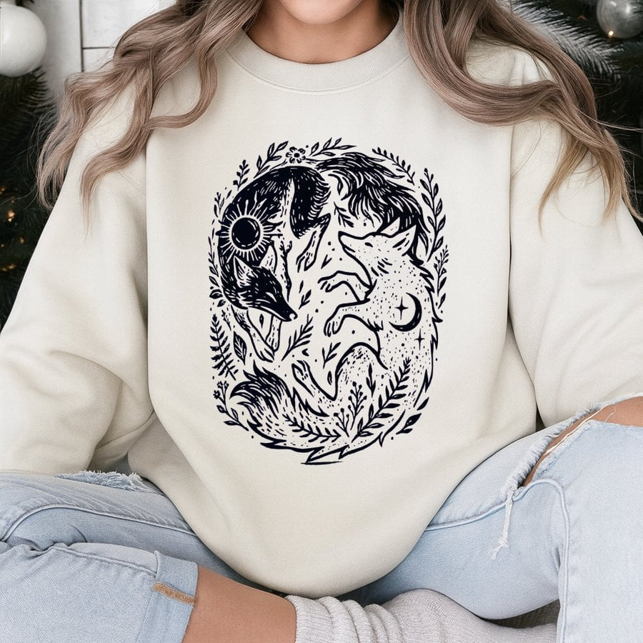 Fox Yin Yang Sweatshirt | Celestial Sun and Moon Naturecore Graphic | Premium Cotton Blend Crewneck | Mystical Animal Aesthetic Gift for Her