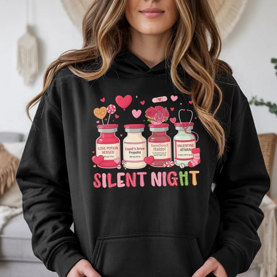 Silent Night Nurse Valentine Hoodie | Funny Medical Potion Graphic | Premium Cotton Blend | Gift For RN LPN Nursing Students