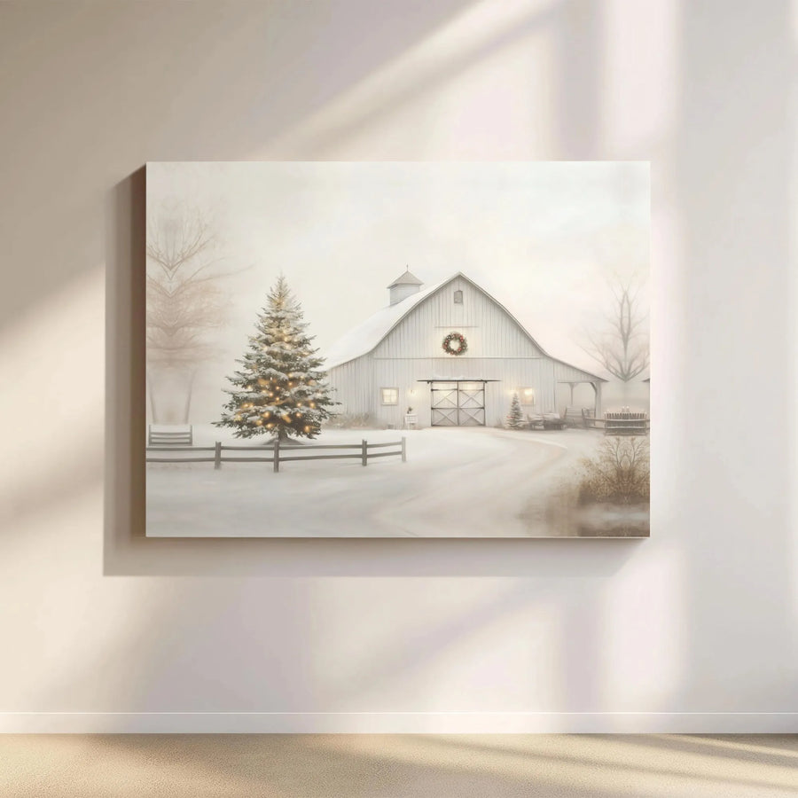 Winter Farmhouse Canvas Print | Snowy Barn Christmas Tree Scene | Gallery Wrap Premium Wall Art | Farmhouse Holiday Home Decor Gift