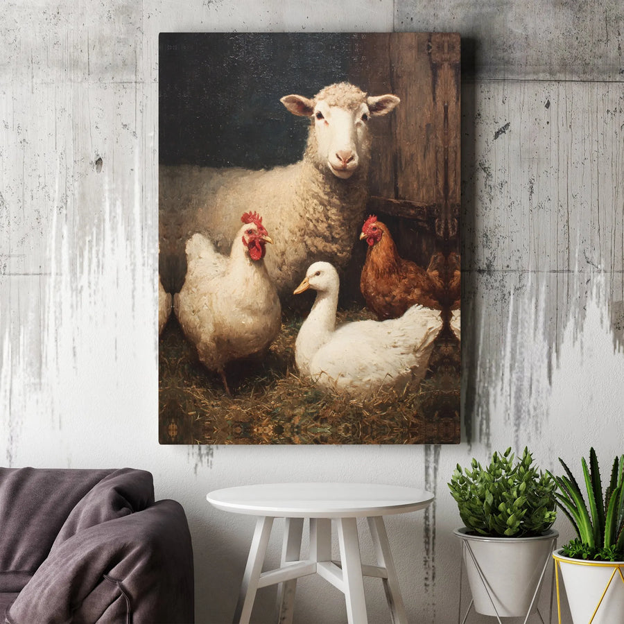 Vintage Farm Animals Canvas Print | Classic Sheep & Chickens Painting | Premium Gallery Wrap Wall Art | Rustic Farmhouse Decor Gift