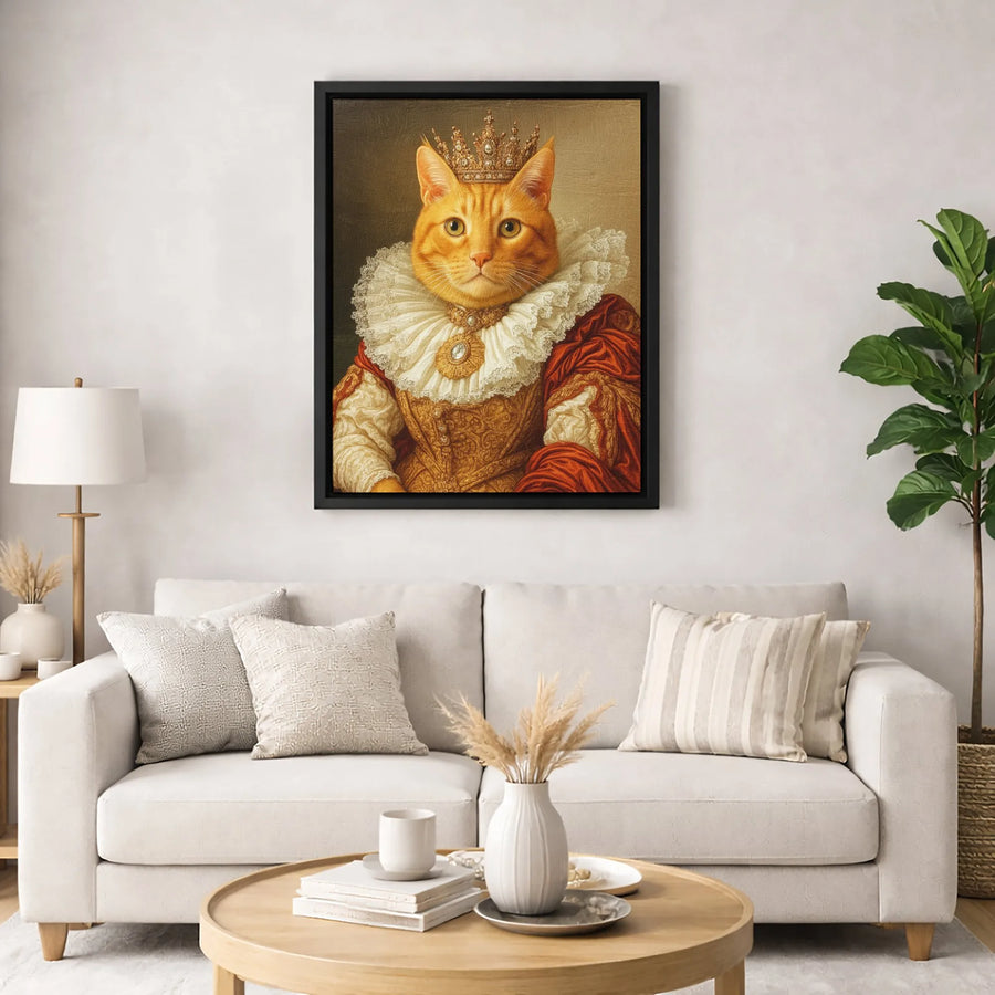 Royal Queen Cat Canvas Wall Art | Regal Orange Tabby Portrait with Crown | Premium Gallery Wrap Print | Whimsical Pet Lover Home Decor Gift
