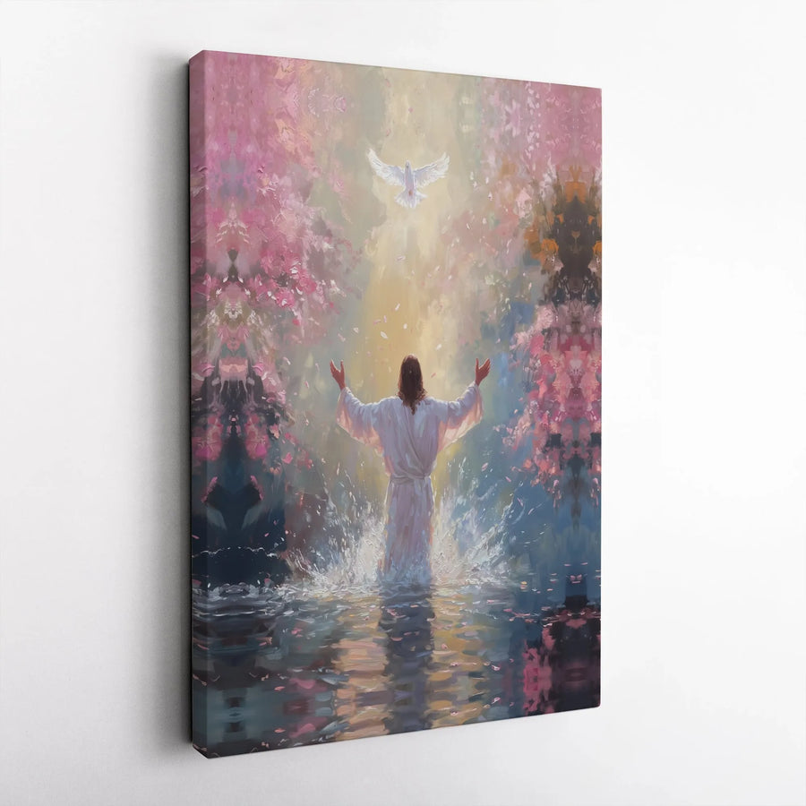 Jesus Christ Canvas Wall Art | Baptism Painting with Holy Spirit Dove | Premium Gallery Wrapped Print | Christian Religious Home Decor Gift