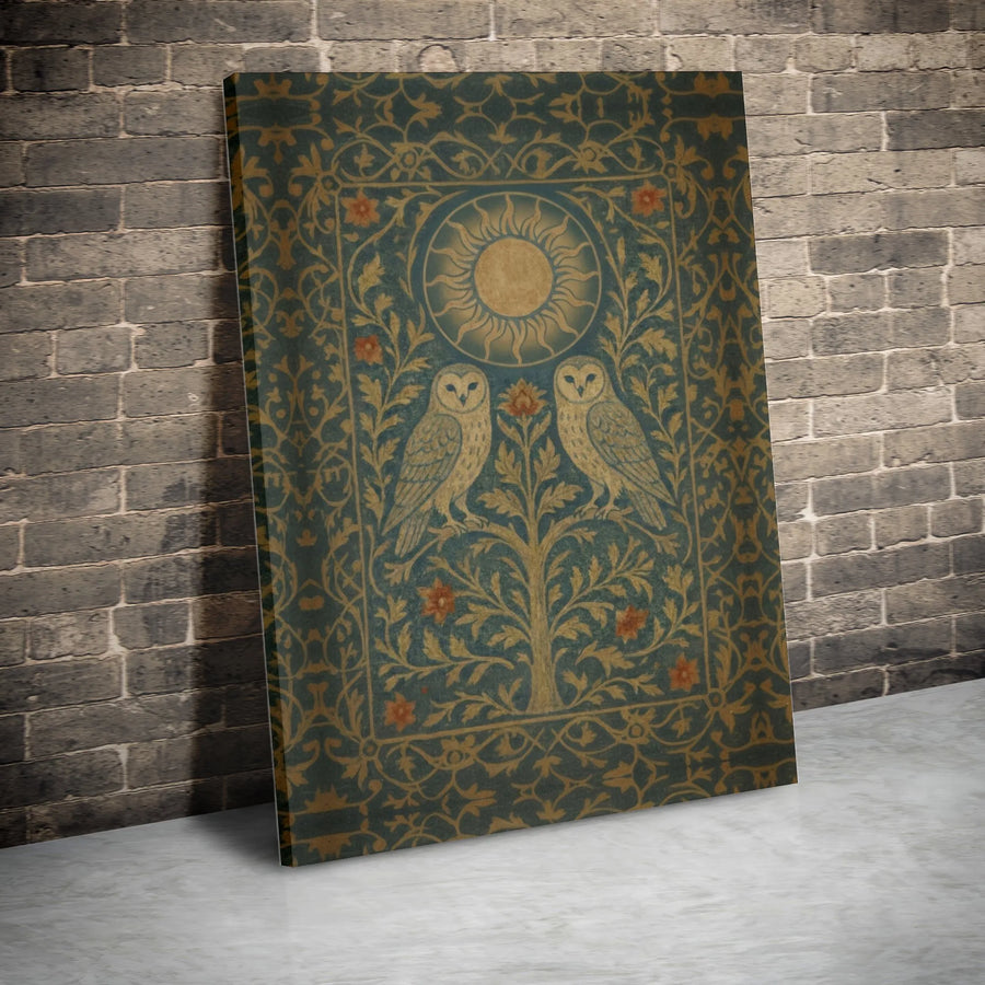 Vintage Owl Canvas Print | Mystical Owls and Sun Illustration | Premium Gallery Canvas | Dark Academia Home Decor Gift