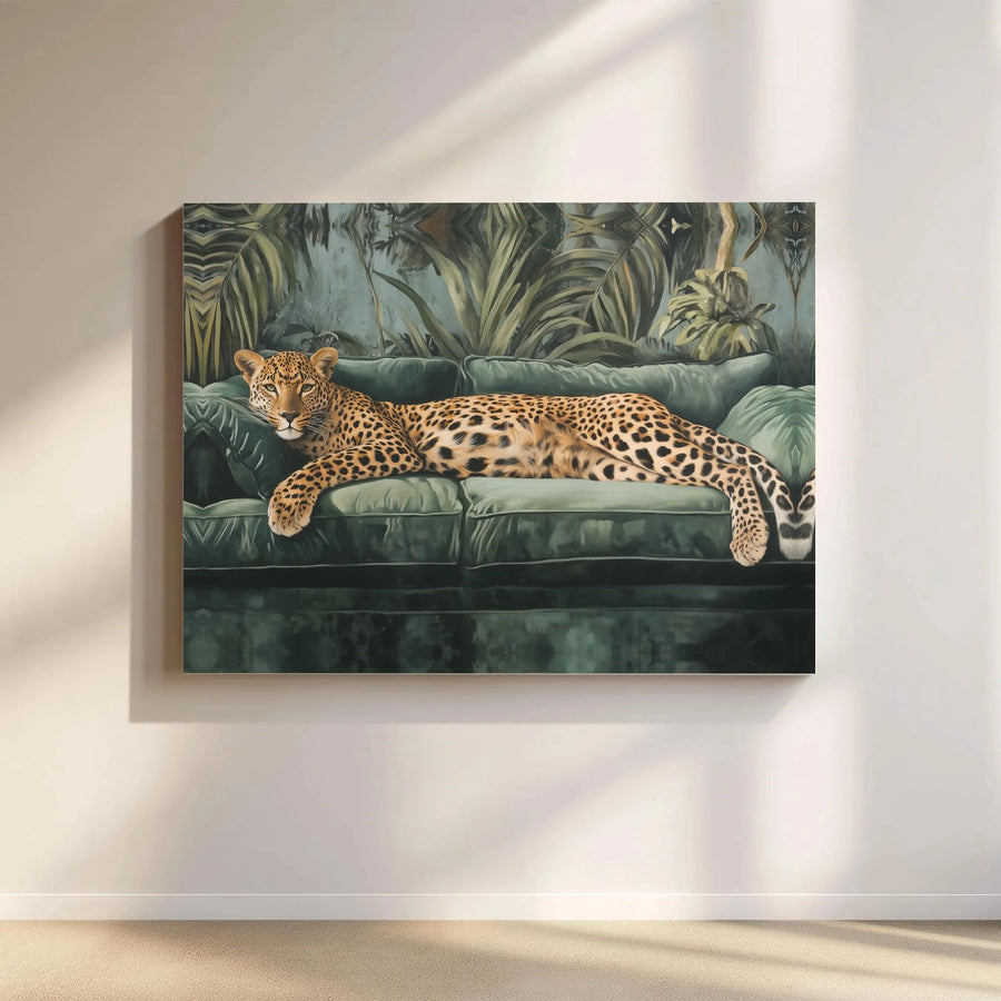 Leopard Wall Art Canvas | Tropical Jungle Leopard On Velvet Sofa | 1.25" Thick Gallery Wrap | Luxury Animal Decor for Living Room