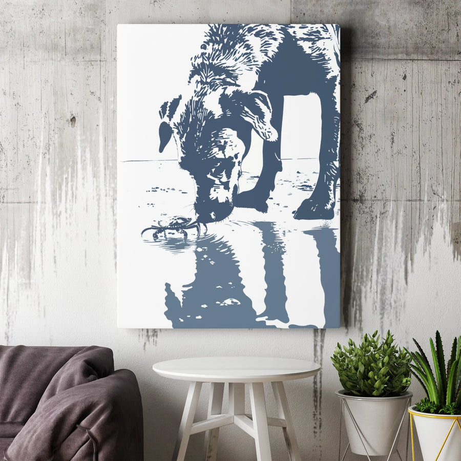 Dog and Crab Beach Wall Art | Minimalist Coastal Animal Portrait | Premium Gallery-Wrapped Canvas Print | Gift for Dog Lovers & Beach House Decor