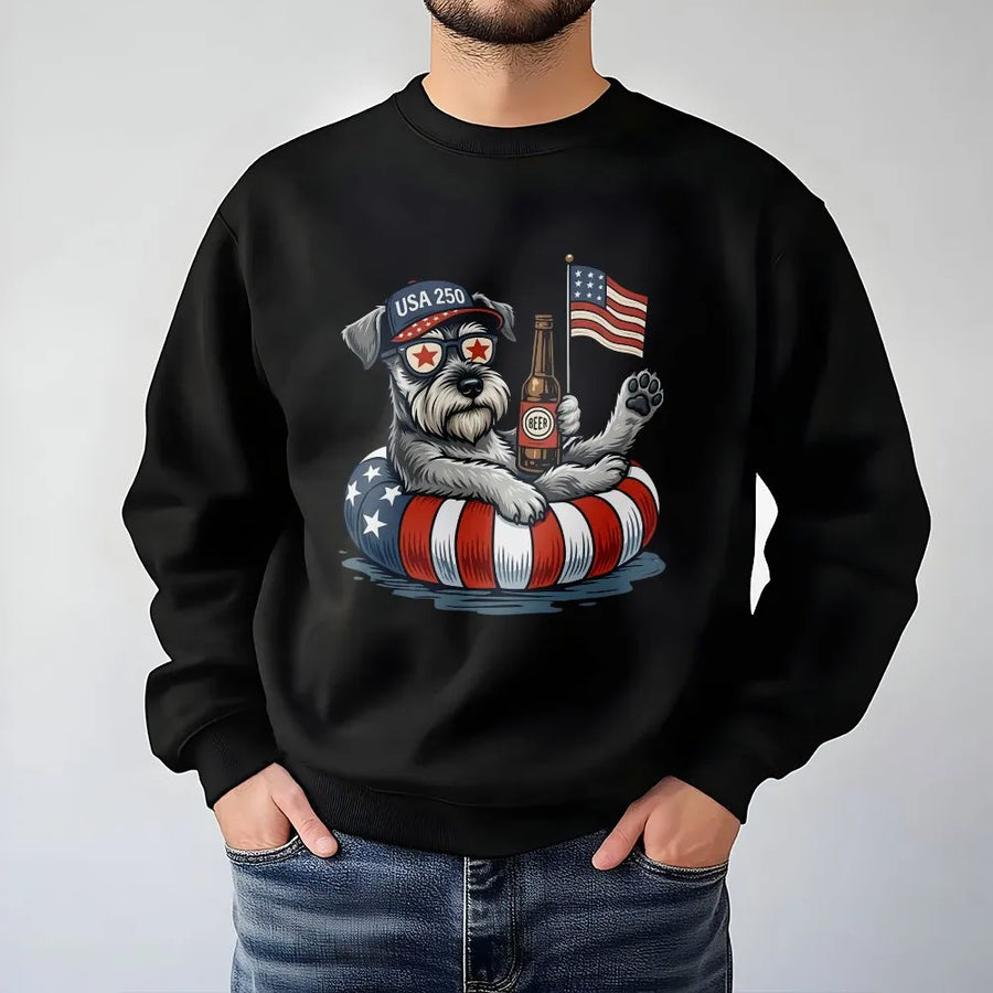 USA 250 Schnauzer Sweatshirt | Funny Patriotic Dog with Flag & Beer | Soft Cotton Blend Crewneck | Independence Day Gift for Dog Lover
