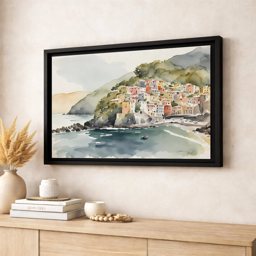 Coastal Italian Village Canvas Art | Watercolor Mediterranean Seascape Print | Premium Gallery-Wrapped Wall Decor | Travel Lover Housewarming Gift