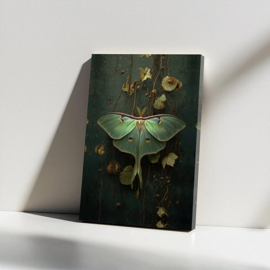 Luna Moth Wall Art Canvas | Dark Botanical Gothic Insect Print | Premium Gallery Wrap Decor | Moody Nature Gift For Entomology Lovers