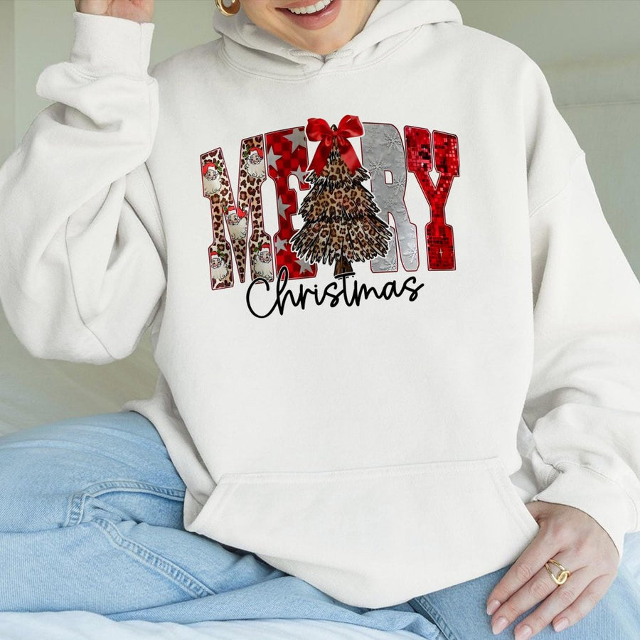 Merry Christmas Leopard Print Hoodie | Festive Santa Tree Graphic | Soft Cotton-Blend Pullover | Cozy Holiday Gift for Women and Men