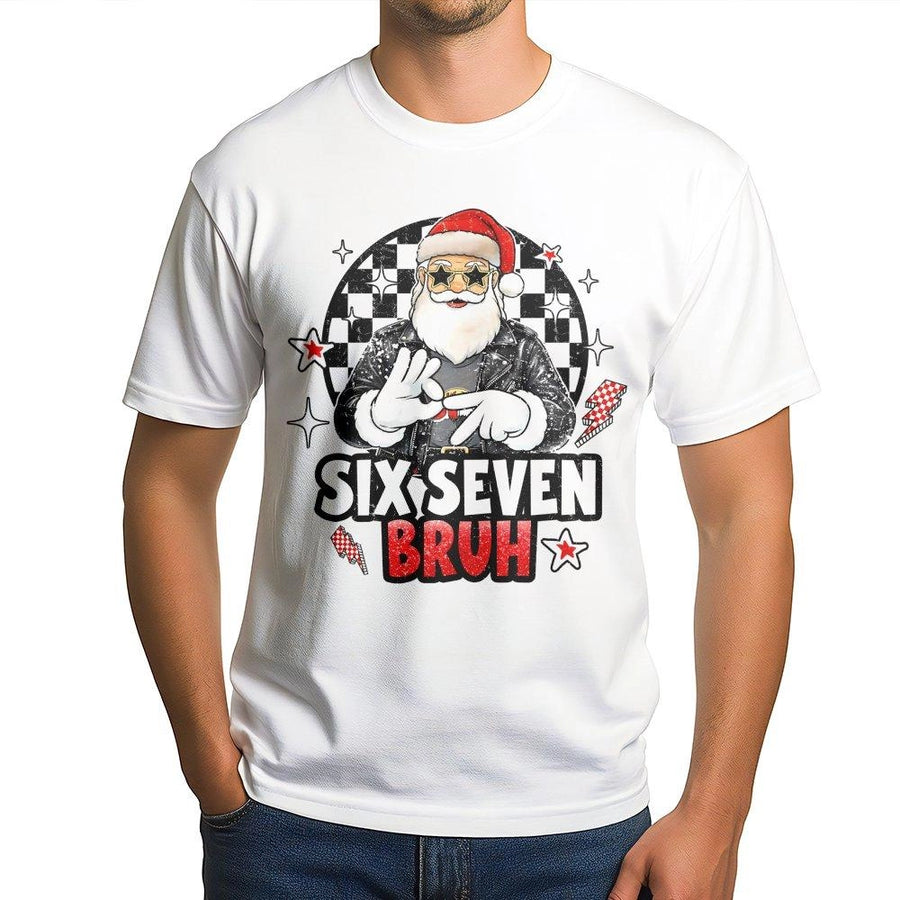 Six Seven Bruh Christmas T-Shirt | Funny Santa Rockstar Design | Premium Cotton Graphic Tee | Viral Internet Meme Holiday Gift for Him