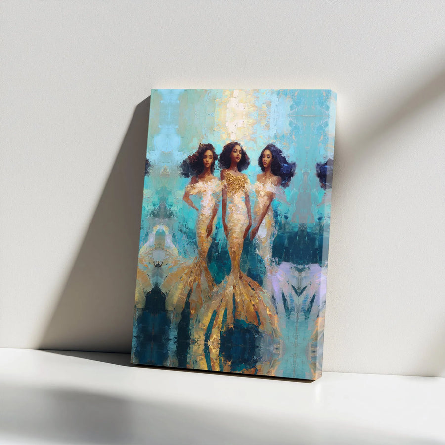 Black Mermaid Canvas Print | Abstract Goddess Trio Painting | Premium Gallery Wrapped Canvas | Afrocentric Living Room Decor Gift