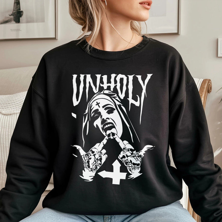 Unholy Nun Graphic Sweatshirt | Edgy Gothic Aesthetic Print | Premium Cotton Blend Unisex Crewneck | Dark Alternative Fashion Gift for Her Him