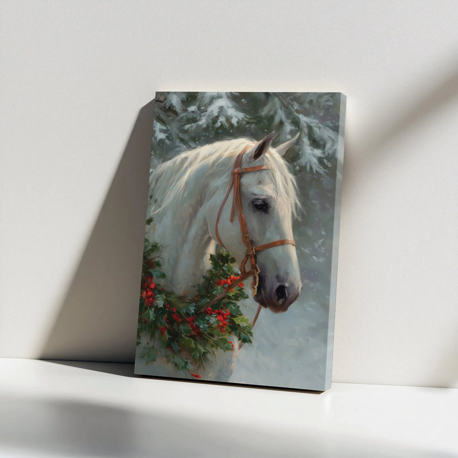 White Horse Canvas Wall Art | Christmas Holly Wreath Winter Scene | Gallery Wrapped Premium Print | Farmhouse Holiday Home Decor Gift
