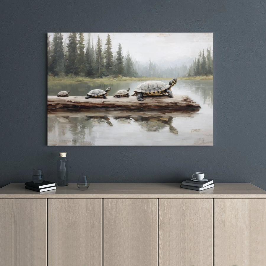 Turtle Family Canvas Wall Art | Red-Eared Slider Lake Painting | Premium Gallery Wrap Decor | Wildlife Nature Gift For Turtle Lovers