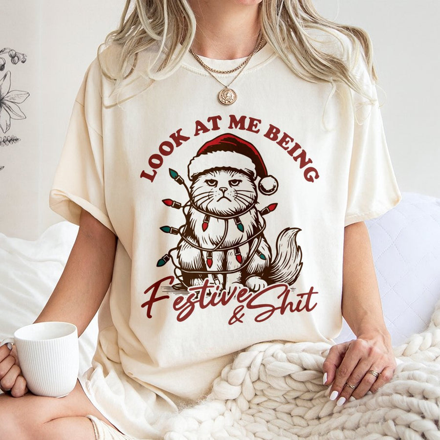 Funny Cat Christmas T-Shirt | Grumpy Santa Kitten Holiday Lights | Premium 100% Cotton Apparel | Sarcastic Humor Gift for Cat Lovers