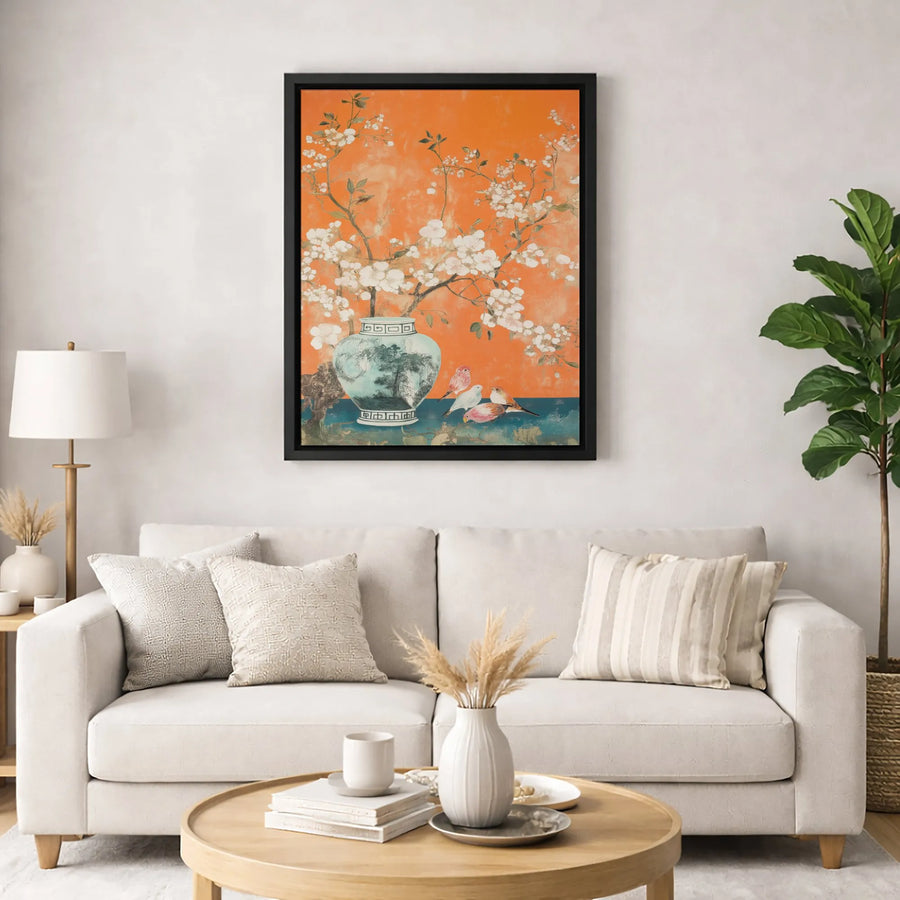 Chinoiserie Wall Art | Orange Cherry Blossom Canvas with Birds | Premium Gallery Wrap Print | Elegant Floral Home Decor Gift
