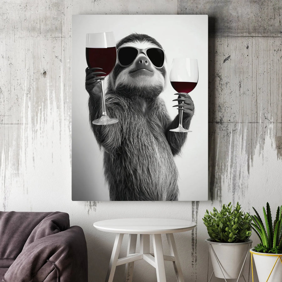 Funny Sloth Wall Art | Retro Sunglasses Drinking Red Wine | Premium Gallery Wrap Canvas | Unique Home Decor Gift for Wine Lovers