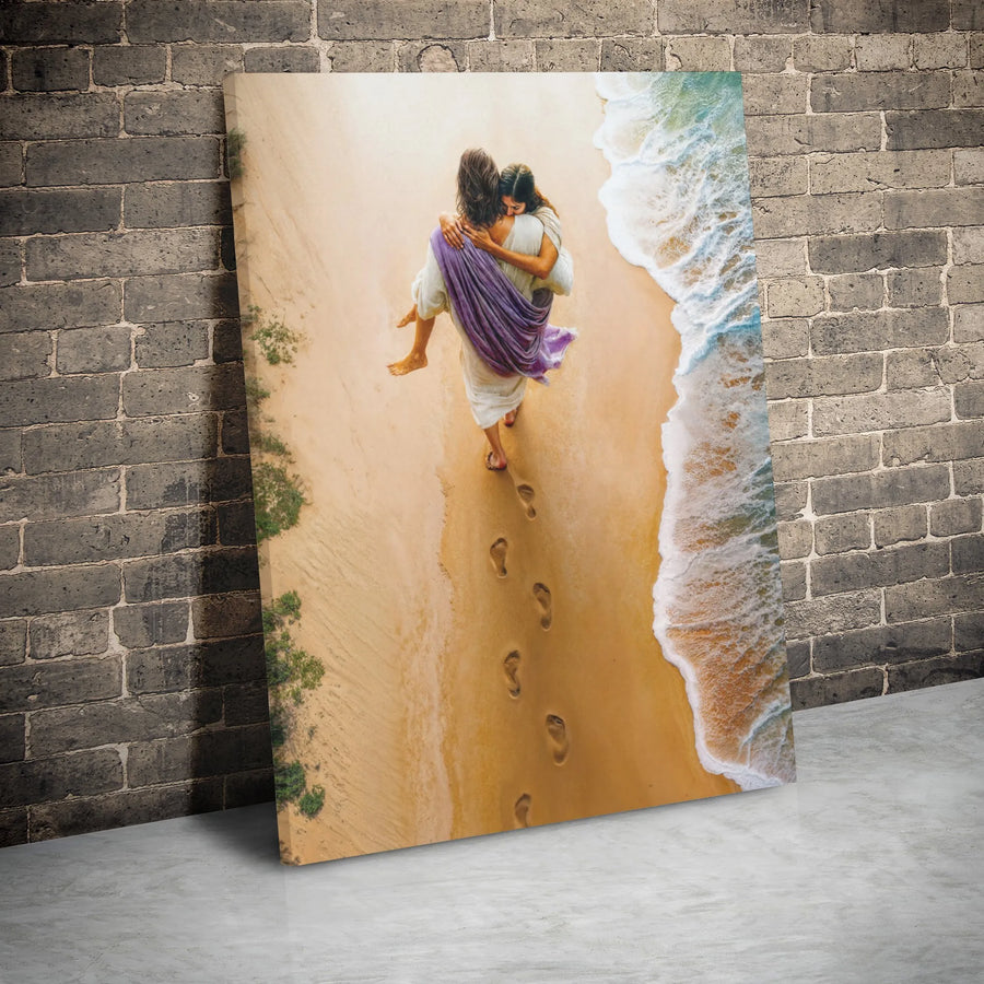 Jesus Carrying Woman Canvas Print | Footprints In The Sand Art | 1.25 Inch Gallery Wrap | Christian Home Decor Religious Gift