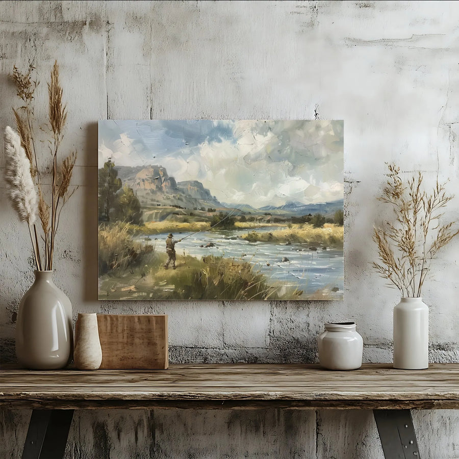 Fly Fishing Wall Art | Impressionist Mountain River Landscape Canvas | Premium Gallery-Wrapped Decor | Gift for Fisherman