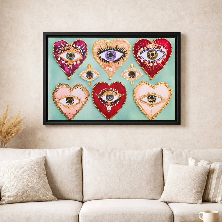 Evil Eye Heart Canvas Art | Colorful Bohemian Wall Decor | Premium 1.25 Inch Gallery Wrap | Spiritual Protection Gift for Home Office