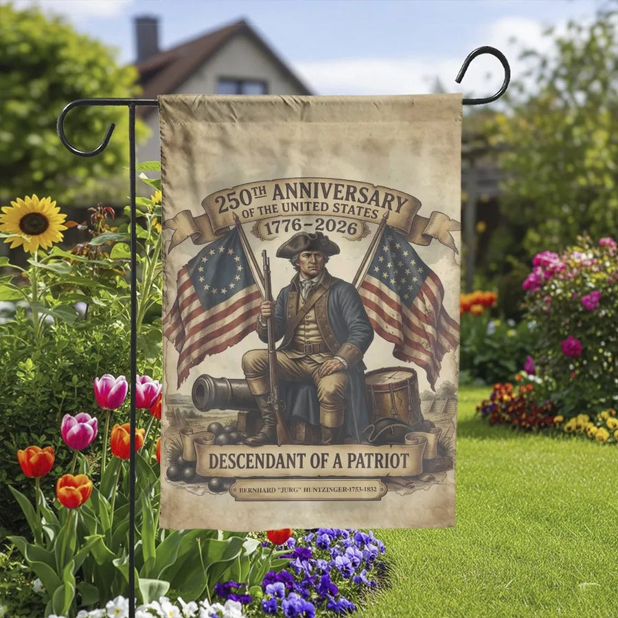 250th Anniversary Garden Flag | Descendant of a Patriot Banner | Weather Resistant Polyester | Collector's Gift for US History Buffs