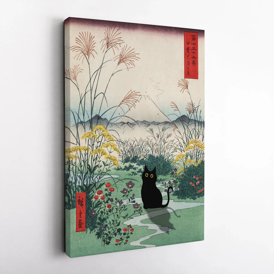 Japanese Black Cat Canvas Art | Ukiyo-E Style Mount Fuji Landscape | Premium Fade-Resistant Gallery Wrap | Gift for Cat Lovers & Asian Decor Enthusiasts