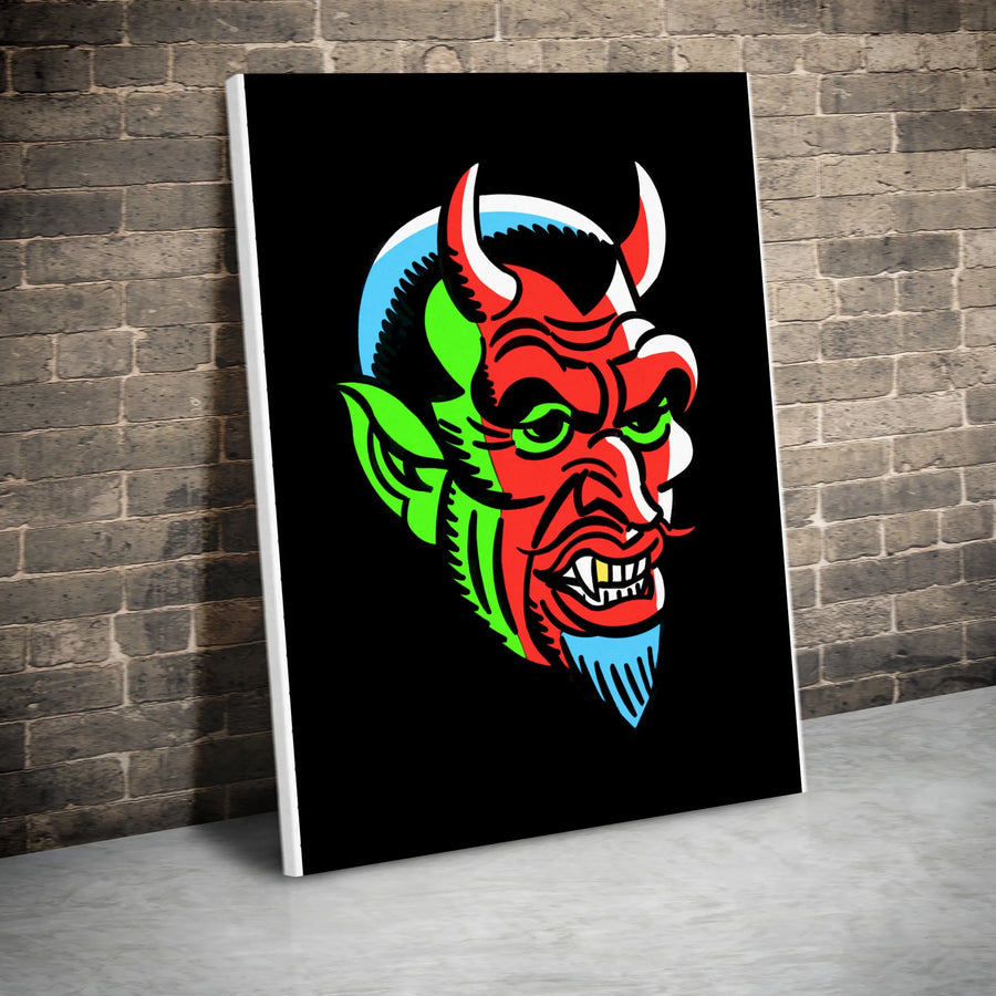 Devil Head Vertical Canvas | Bold Pop Art Demon Illustration | Premium Thick Gallery Wrap Print | Modern Goth Home Decor Gift