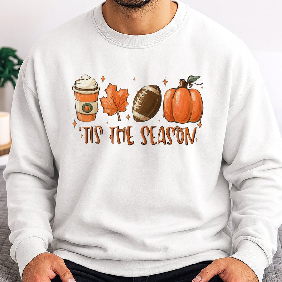 Tis The Season Fall Sweatshirt | Pumpkin Spice Coffee Football Graphic | Premium Cotton Blend | Cozy Autumn Apparel Gift For Her