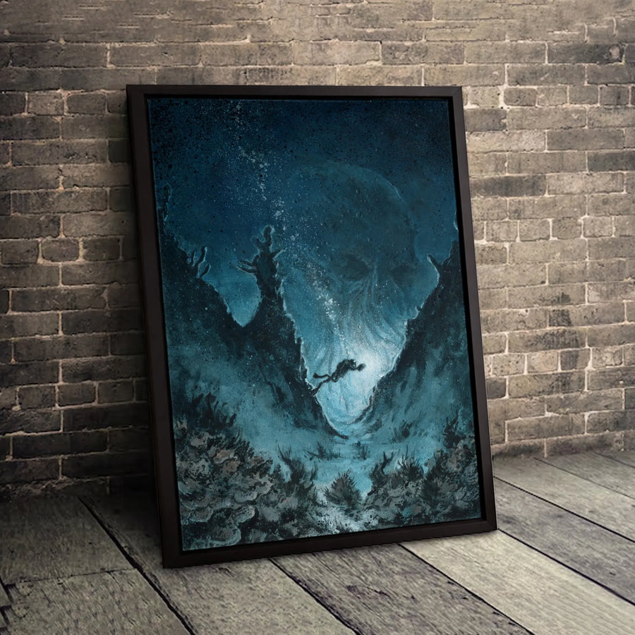 Scuba Diver Underwater Canvas Wall Art | Giant Skull Deep Sea Trench Print | 1.25-inch Premium Gallery Wrapped | Dark Surreal Home Decor Gift