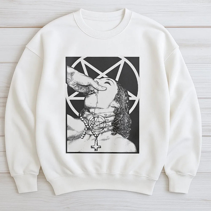 Gothic Occult Graphic Sweatshirt | Pentagram & Rosary Art | Premium Cotton Blend | Edgy Alternative Streetwear for Men and Women
