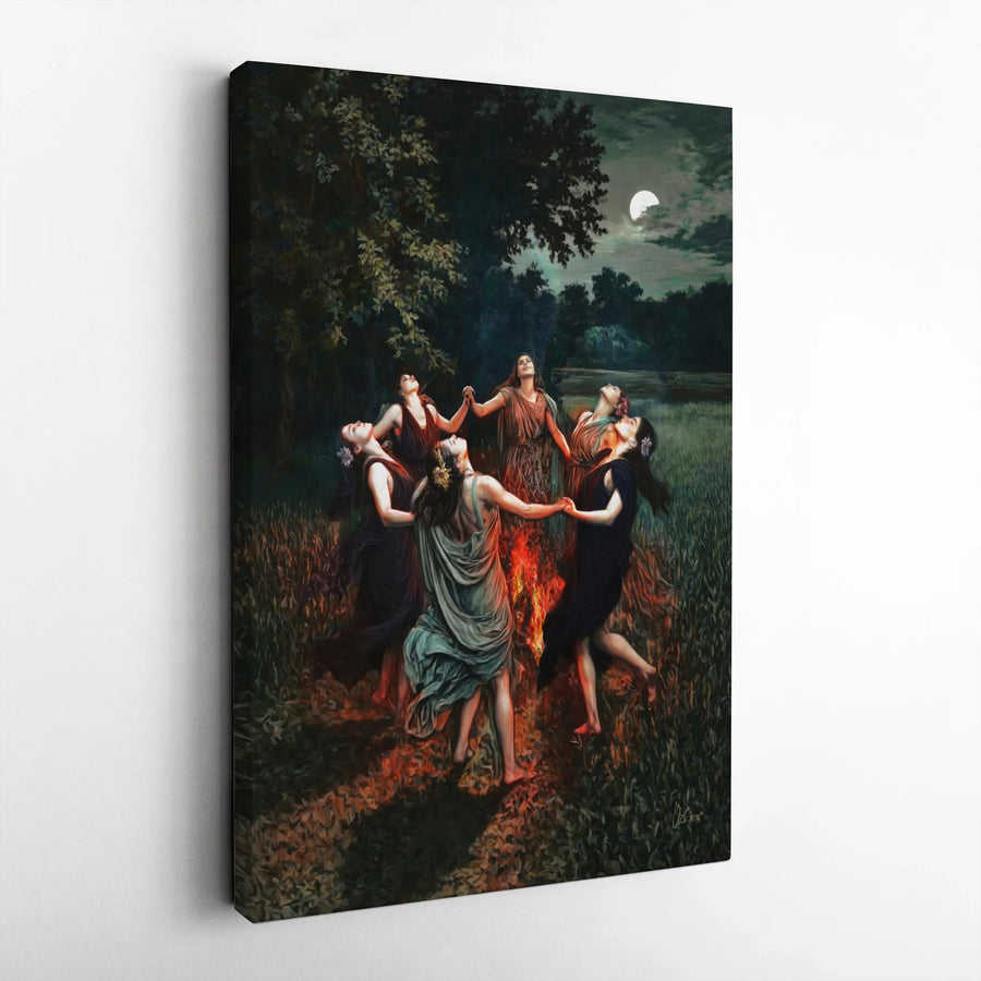 Witch Coven Canvas Print | Women Dancing Around Bonfire Under Full Moon | Premium Gallery Wrapped Canvas | Witchy Home Decor Gift