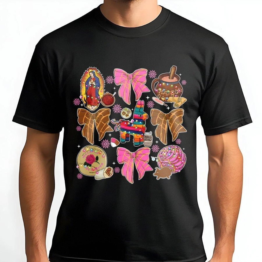 Mexican Christmas T-Shirt | Coquette Holiday Aesthetic with Piñata and Pan Dulce | Premium Cotton Crewneck | Festive Cultural Gift for Her