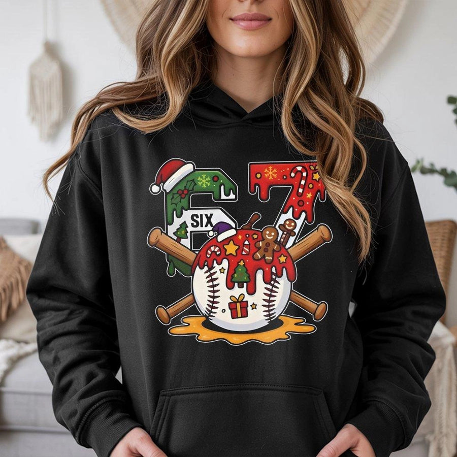Christmas Baseball Hoodie | 67 Number Design with Santa Hat and Bats | Premium Cotton-Poly Blend | Festive Sports Gift for Baseball Fans