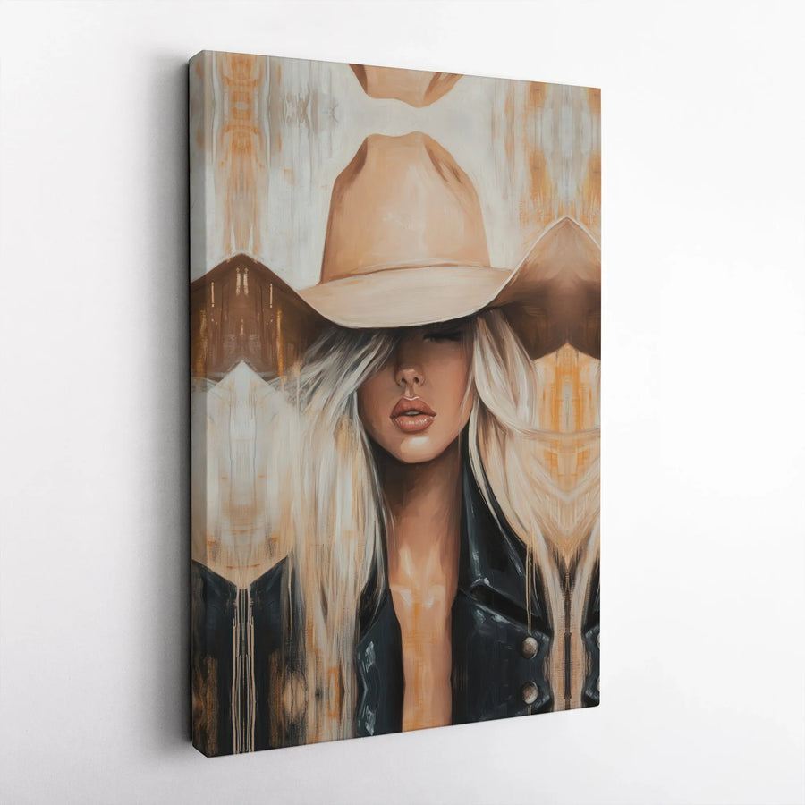 Modern Cowgirl Canvas Wall Art | Abstract Blonde Woman Painting | Premium Gallery Wrapped Print | Modern Western Home Decor Gift