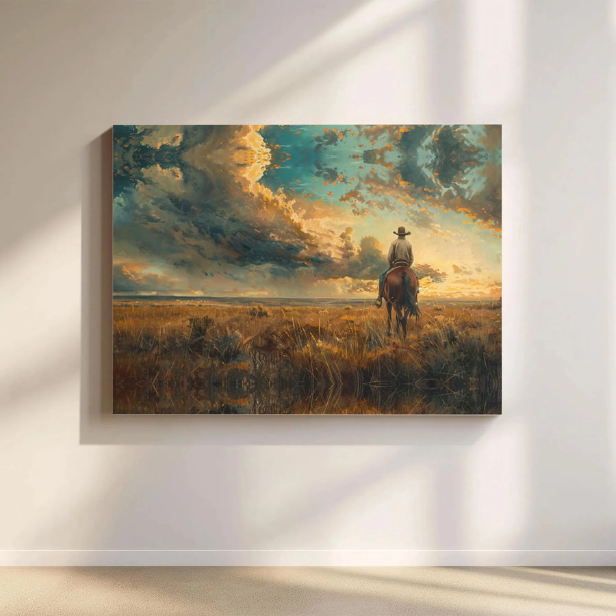 Western Cowboy Wall Art | Sunset Prairie Horseback Landscape | Premium Gallery Wrap Canvas | Rustic Home Office Decor Gift