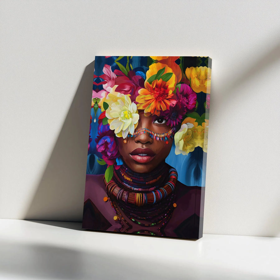 Black Woman with Flowers Canvas Print | Vibrant Floral Headdress Portrait | Premium Gallery Wrapped Canvas | Modern Afrocentric Home Decor Gift