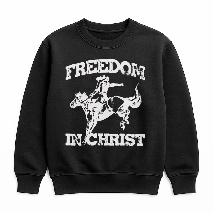 Freedom In Christ Sweatshirt | Christian Rodeo Cowboy Graphic | Premium Soft Blend Pullover | Faith-Based Religious Gift for Him or Her