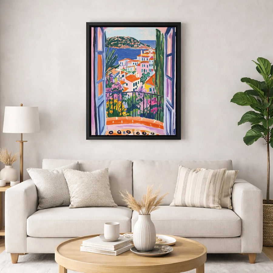 Mediterranean Seaside Window Canvas | Impressionist Coastal Italian Villa Art | Gallery Quality Fade-Resistant Wall Decor | Charming Vacation Home Gift