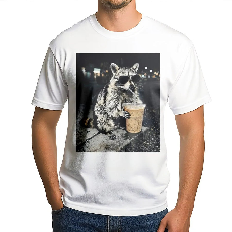 Raccoon Coffee T-Shirt | Funny Animal Wearing Sunglasses Graphic | Premium Soft Cotton Tee | Unique Gift for Coffee Lovers & Animal Enthusiasts