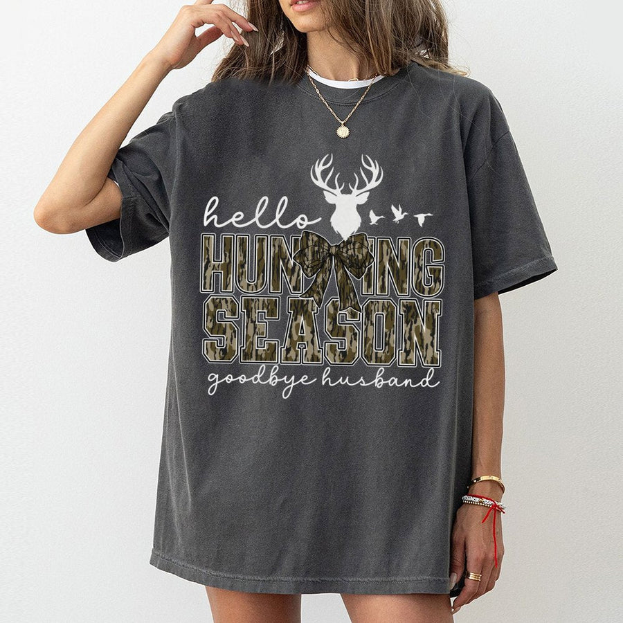 Hello Hunting Season Goodbye Husband T-Shirt | Camo Deer Antler Graphic Tee | 100% Cotton Soft Apparel | Funny Hunter Wife Gift for Her