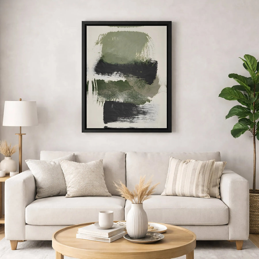 Abstract Green and Black Canvas Wall Art | Modern Brush Stroke Gallery Wrap | Premium Fade-Resistant Print | Minimalist Living Room Home Decor