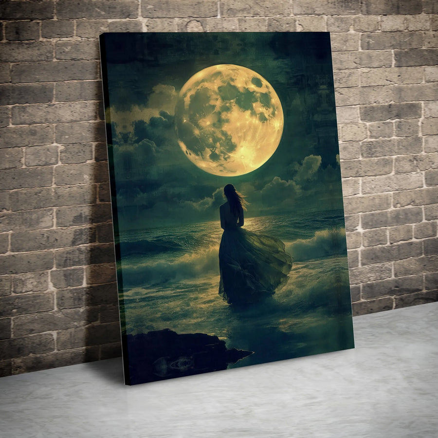 Full Moon Ocean Canvas Print | Dreamy Seascape Woman Silhouette Wall Art | Gallery Quality 1.25" Profile | Moody Bedroom Living Room Decor Gift
