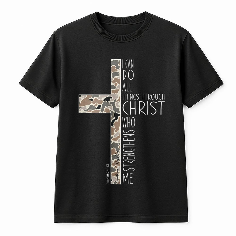 Philippians 4:13 T-Shirt | Camo Cross Graphic Bible Verse | Premium Cotton Faith Apparel | Inspirational Christian Gift for Men and Women