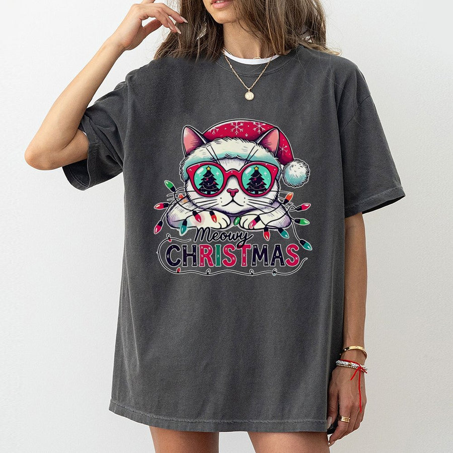 Meowy Christmas T-Shirt | Funny Cat Santa Hat Graphic | 100% Cotton Premium Tee | Cute Holiday Gift For Cat Lovers