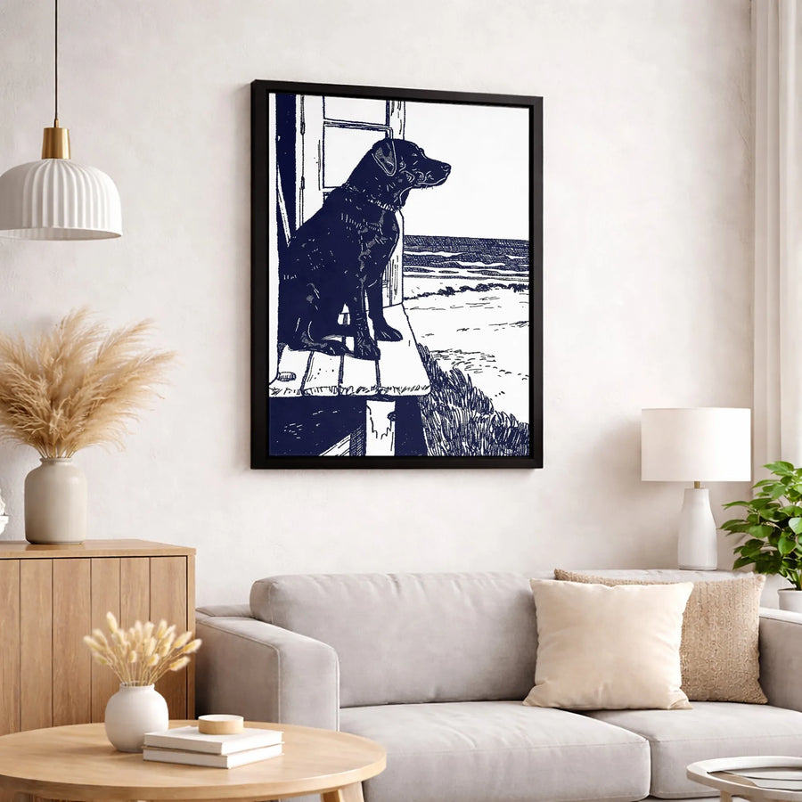 Black Labrador Dog Canvas Print | Coastal Beach Porch Linocut Art | Premium Gallery Wrapped Decor | Gift for Dog Lovers & Pet Owners